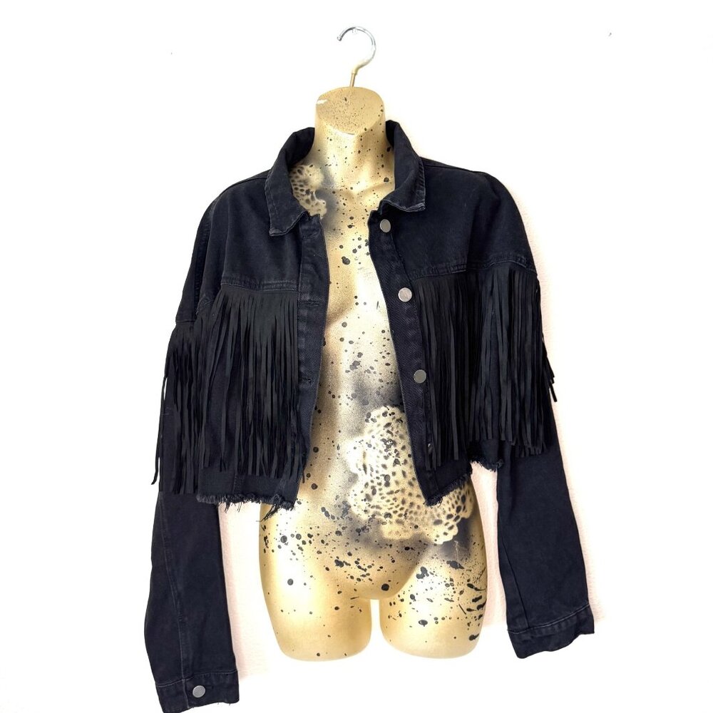 SHEIN Black Fringe Denim Crop Jacket – Western Vibes